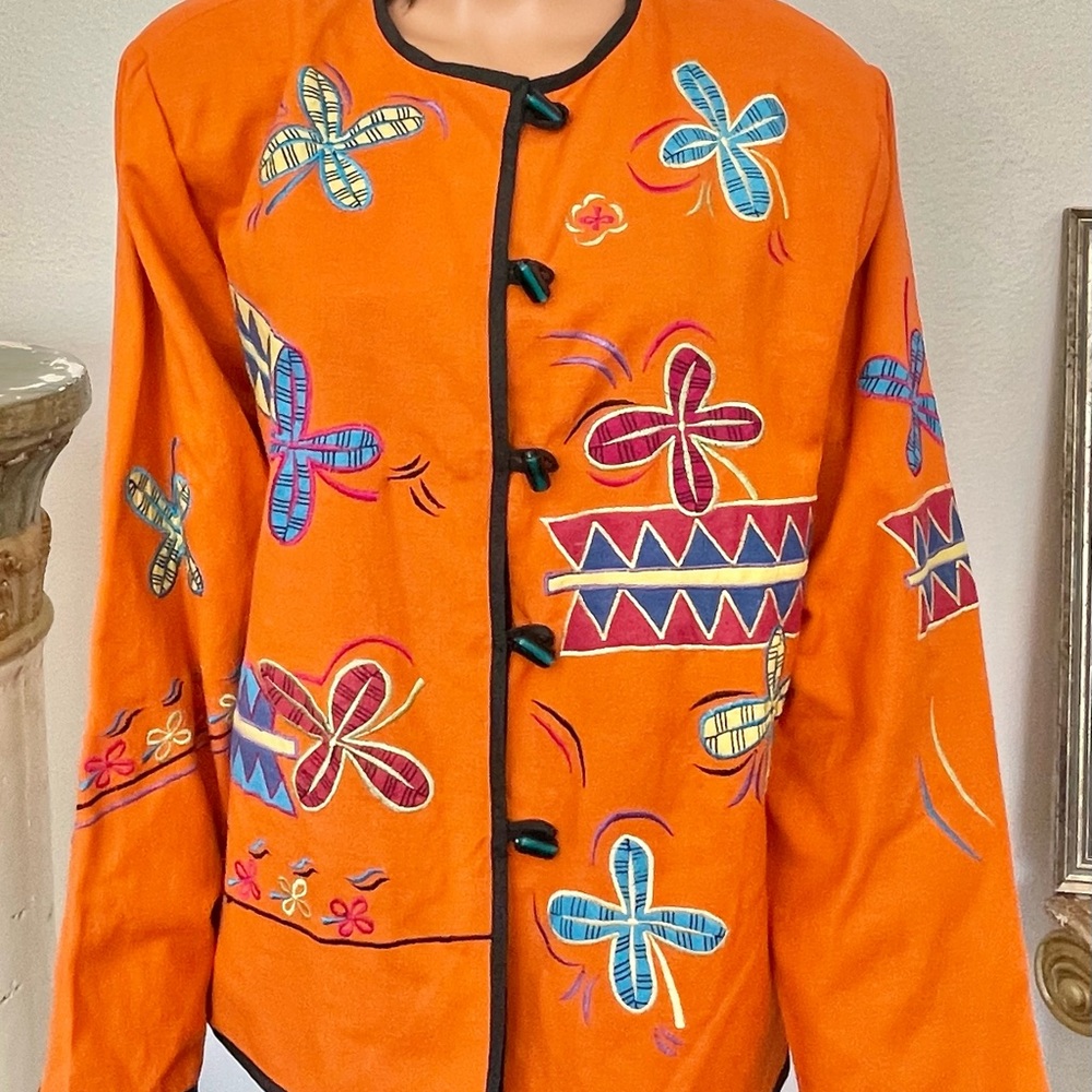 Alex Kim Jacket Patchwork Appliqué Embroidered Floral Buttons Designer Lined